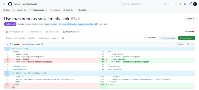 Screenshot 2023-10-15 at 21-12-14 Use mastodon as social media link by blink1073 · Pull Request #742 · jupyter_jupyter.github.io